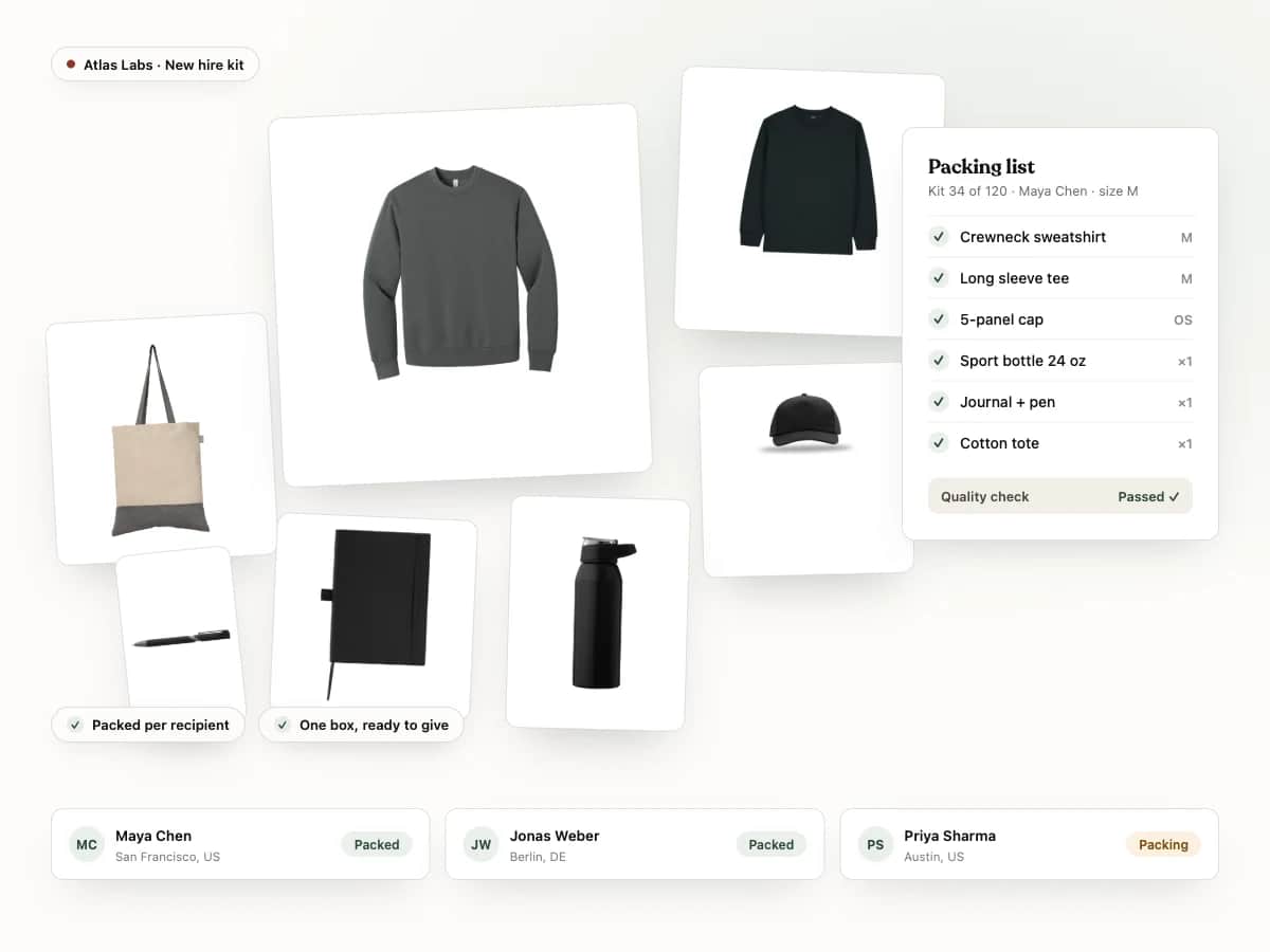 New hire kit packing list with apparel and accessories